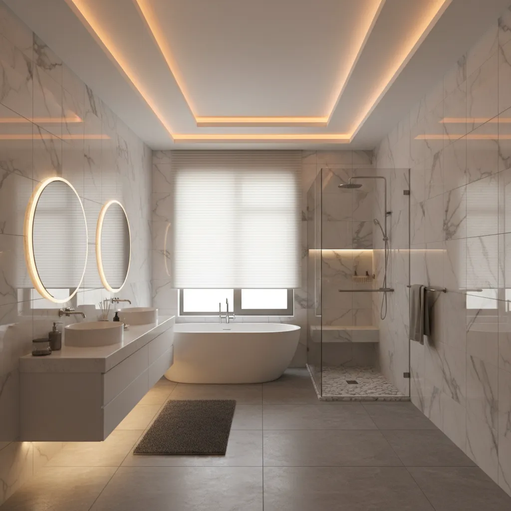 Finished bathroom interior with modern POP ceiling and soft lighting