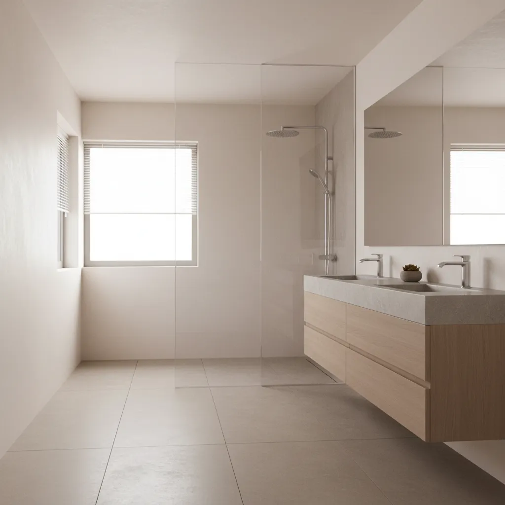 Completed modern bathroom renovation with walk in shower and floating vanity