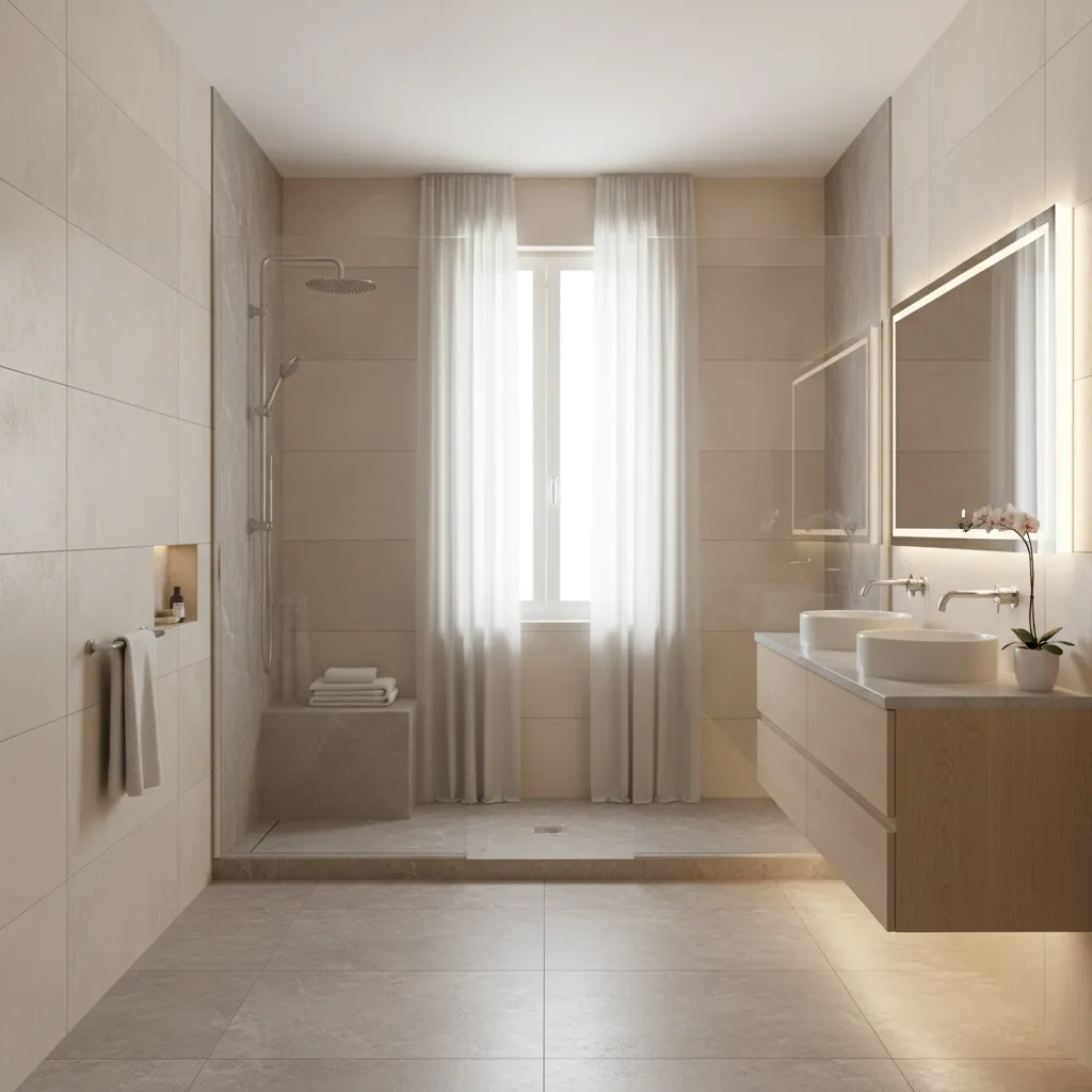 finished modern bathroom remodel with shower vanity and tiles