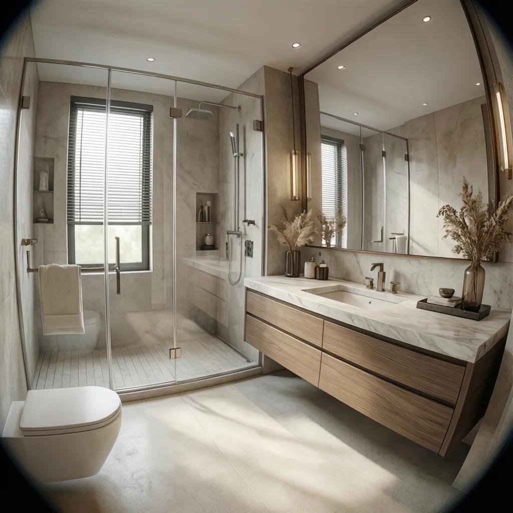 finished modern bathroom remodel with walk in shower and floating vanity