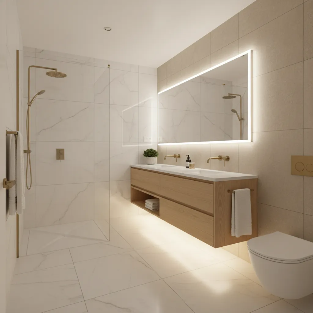 finished modern bathroom remodel with walk in shower vanity and soft lighting
