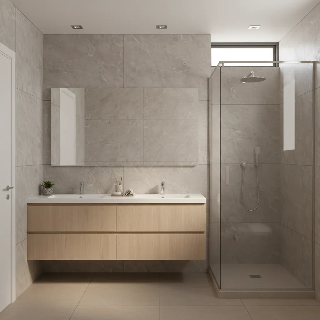 finished modern bathroom remodel with vanity shower and tile flooring