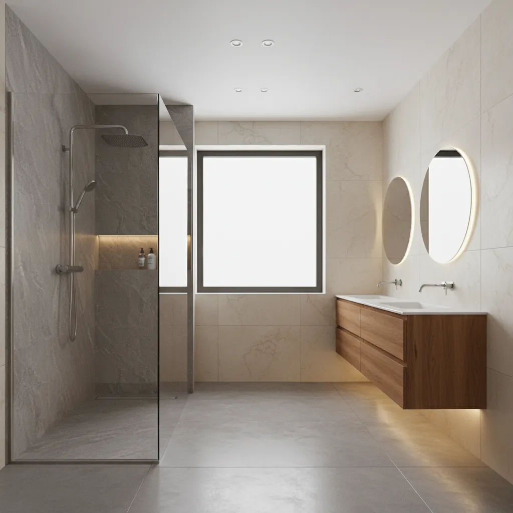 modern renovated bathroom with walk in shower vanity and natural lighting