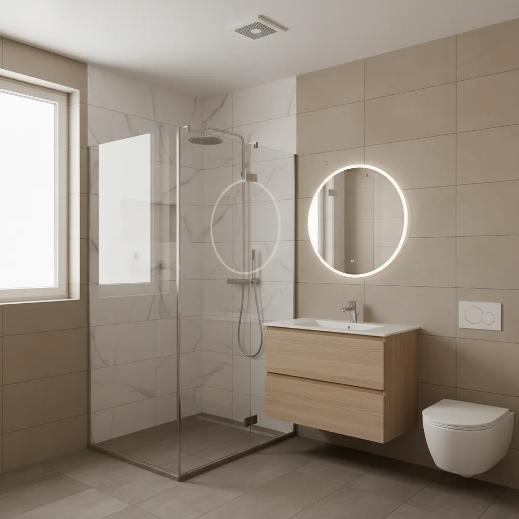 completed modern bathroom renovation with efficient fixtures and ventilation