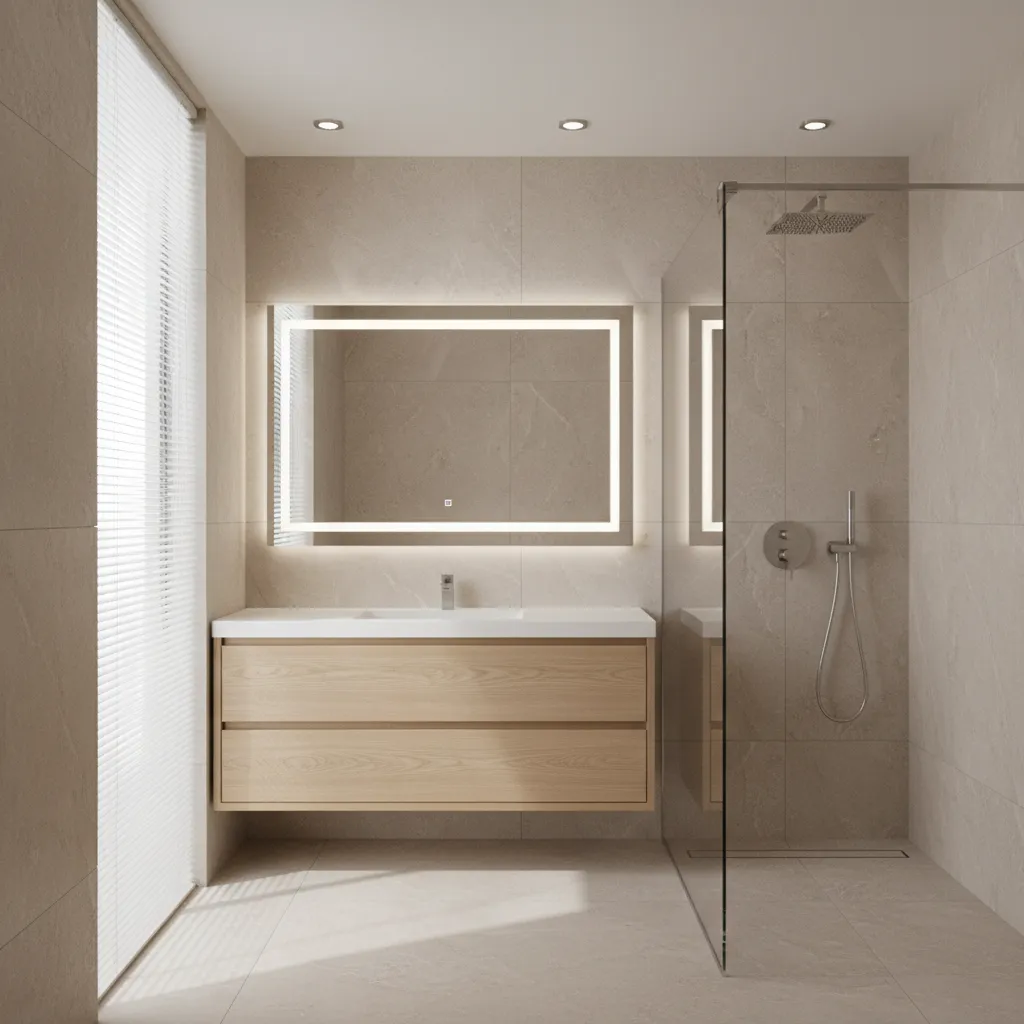 Modern bathroom with layered lighting and smart vanity storage