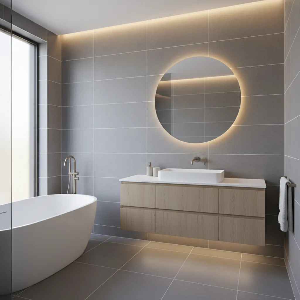 completed modern bathroom with clean porcelain tile walls
