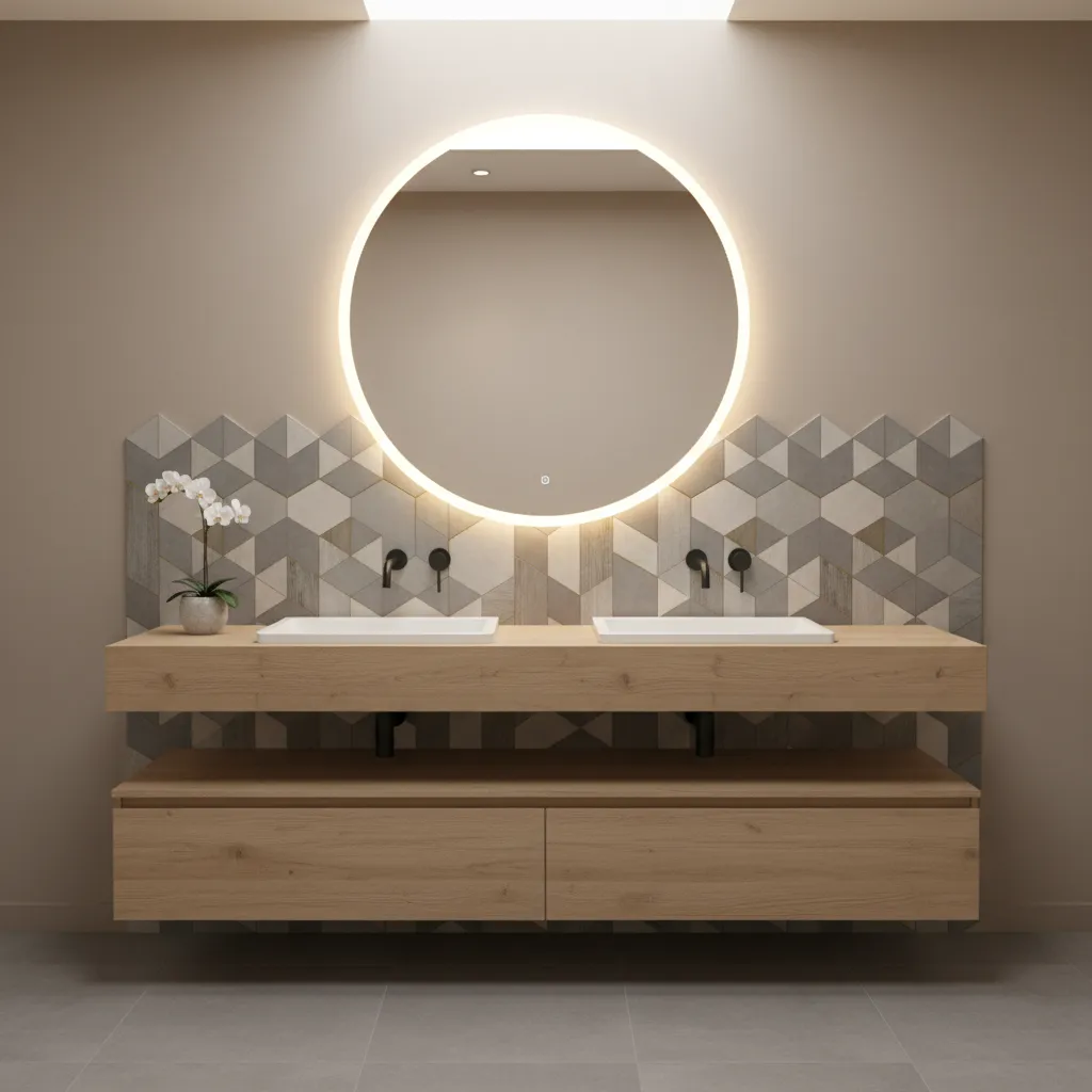 bathroom vanity wall with geometric highlight tiles