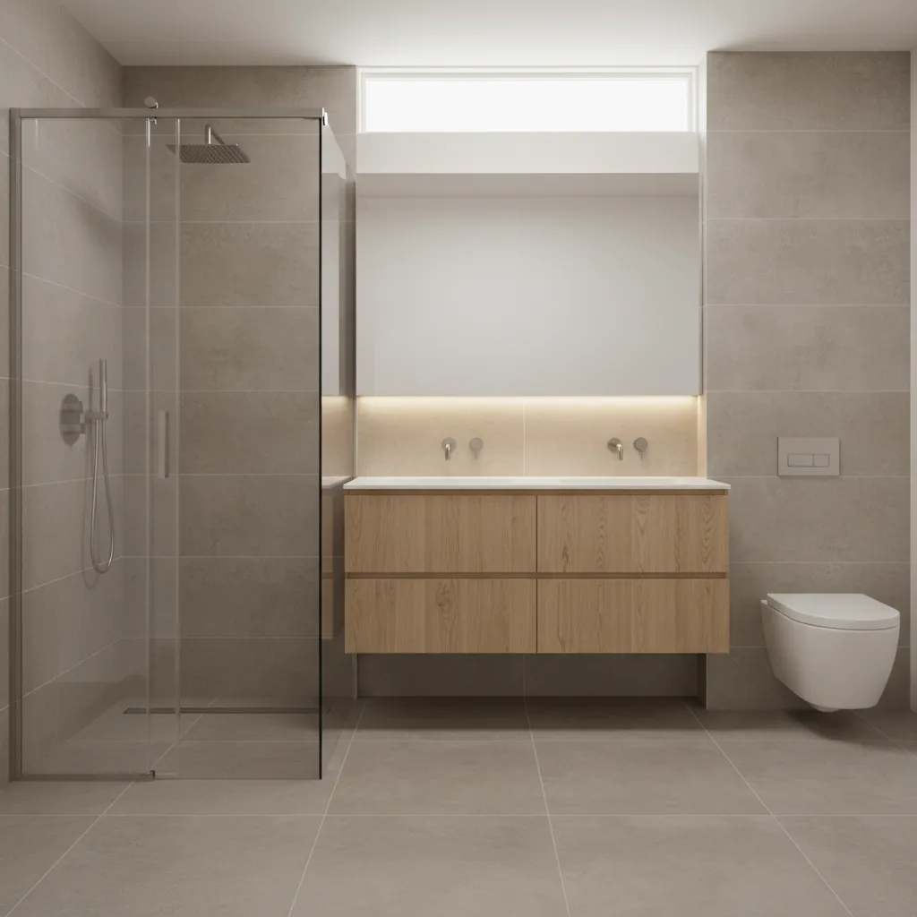 modern bathroom with floating vanity and frameless glass shower