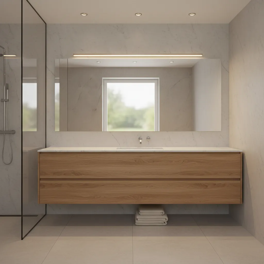 Modern bathroom vanity with a single horizontal light bar above the mirror