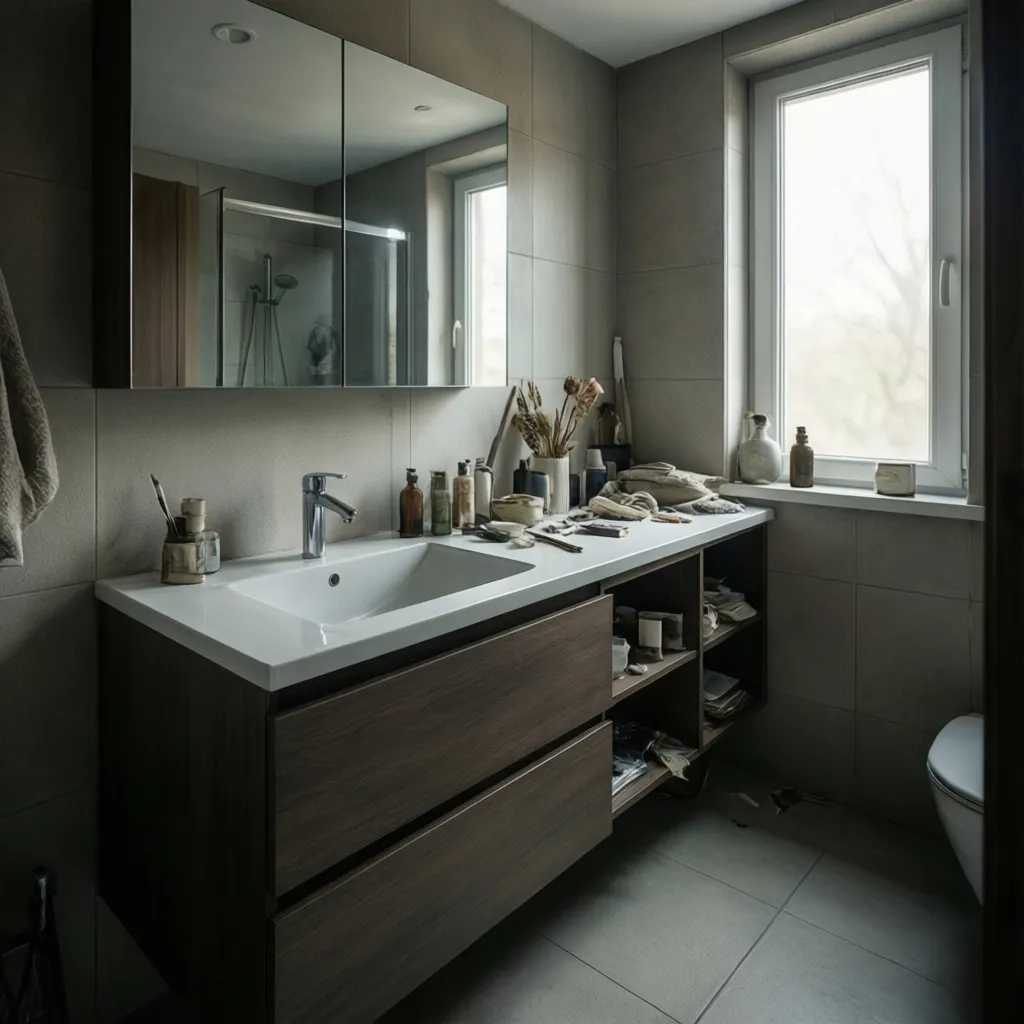 Modern bathroom with dark wood cabinet white sink mirror cabinet window and grey wall tiles