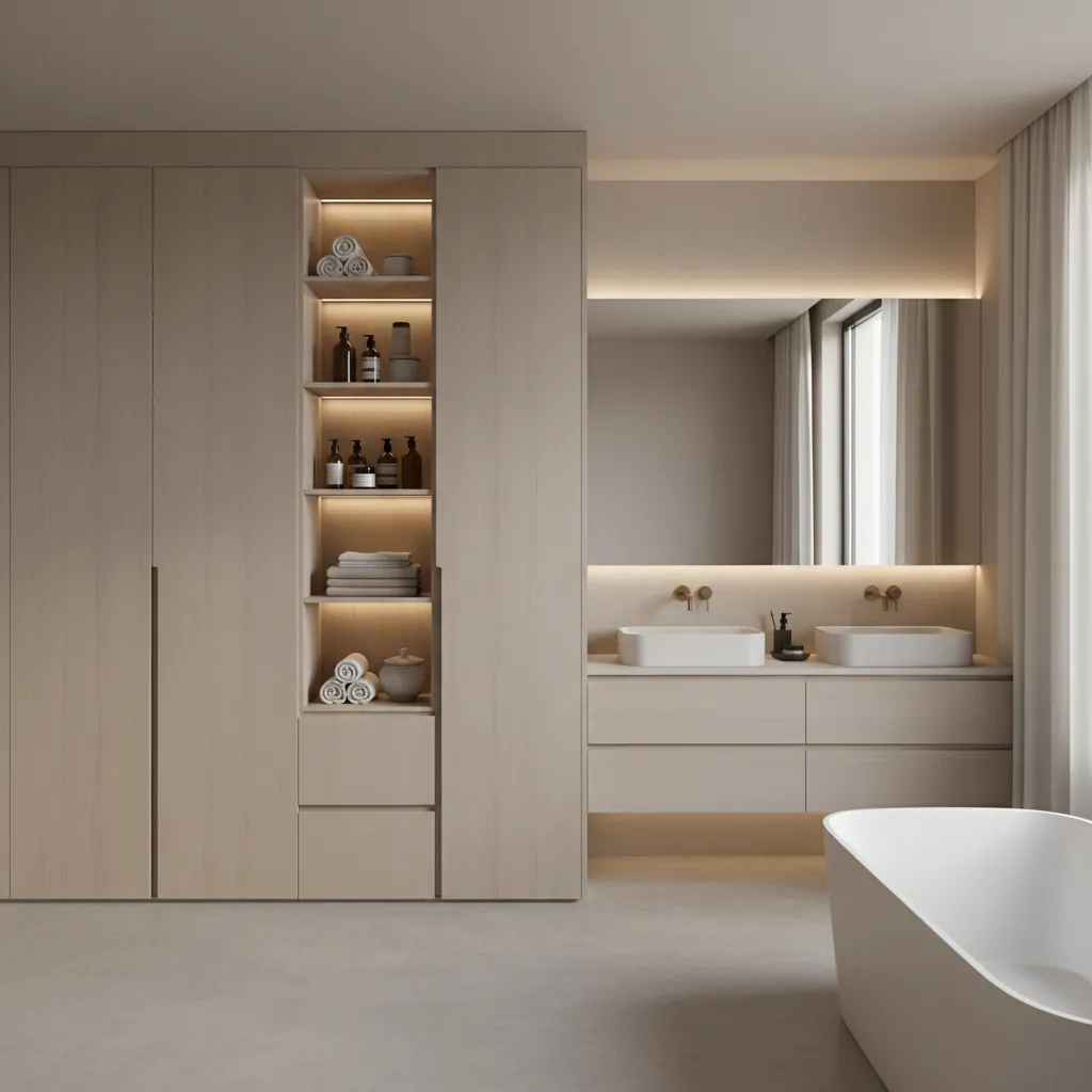 modern bathroom with built in wardrobe storage and organized shelves