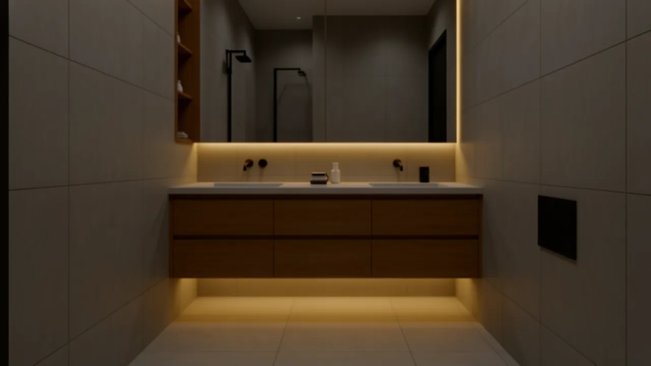 modern bathroom with wood accent vanity and grey tiles