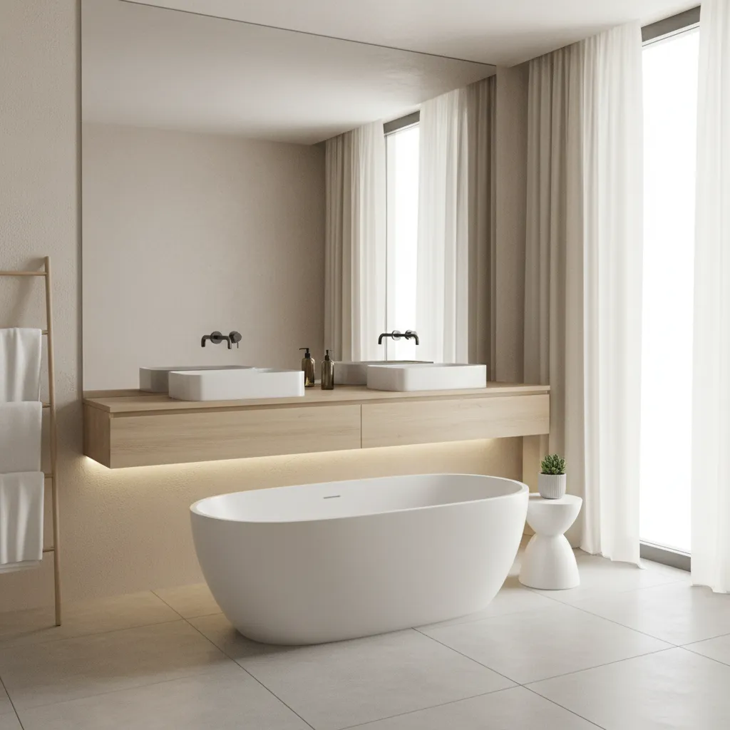 White freestanding bathtub next to a wooden vanity with two sinks and a large mirror