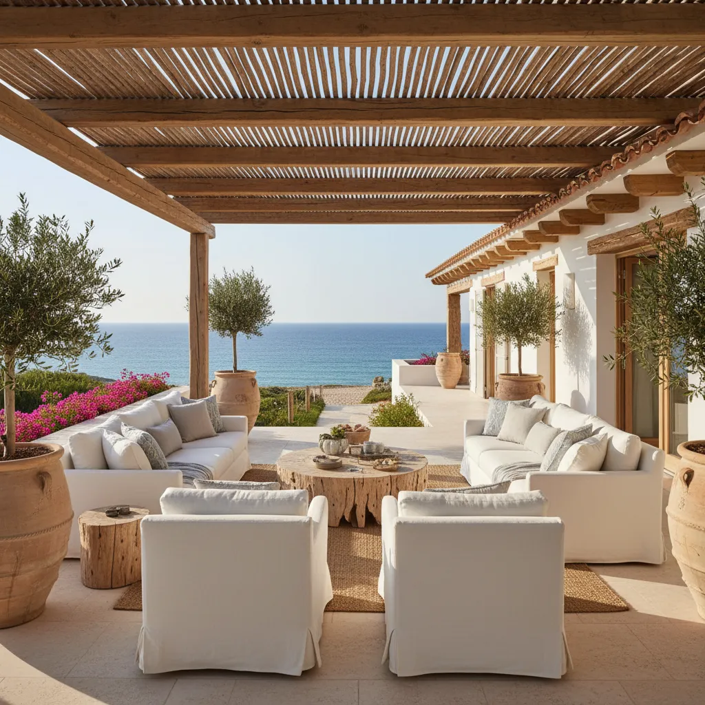 Terraza con pérgola en una casa moderna frente al mar