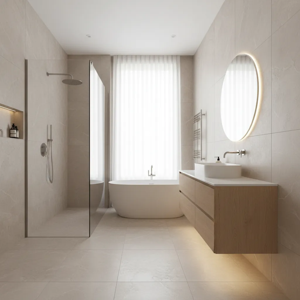 Modern bathroom with white bathtub, glass shower, wooden cabinet, round mirror, and soft window light