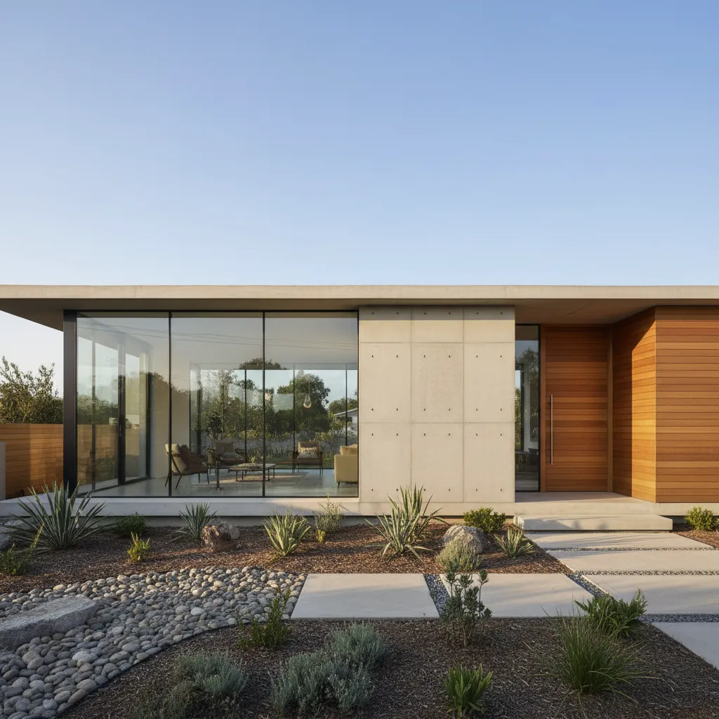 Modern house exterior with concrete walls wood panels large glass windows and landscaped rock garden