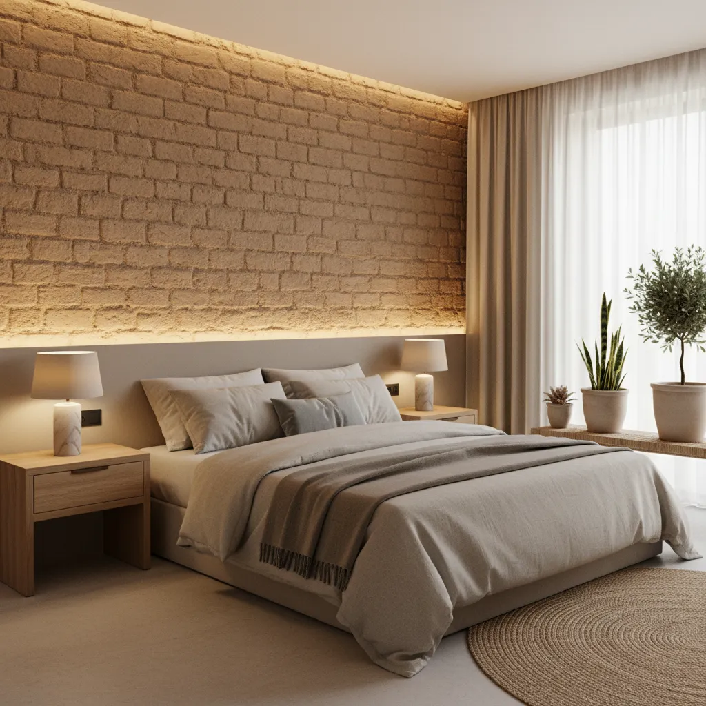 Dormitorio moderno con pared de adobe como elemento decorativo
