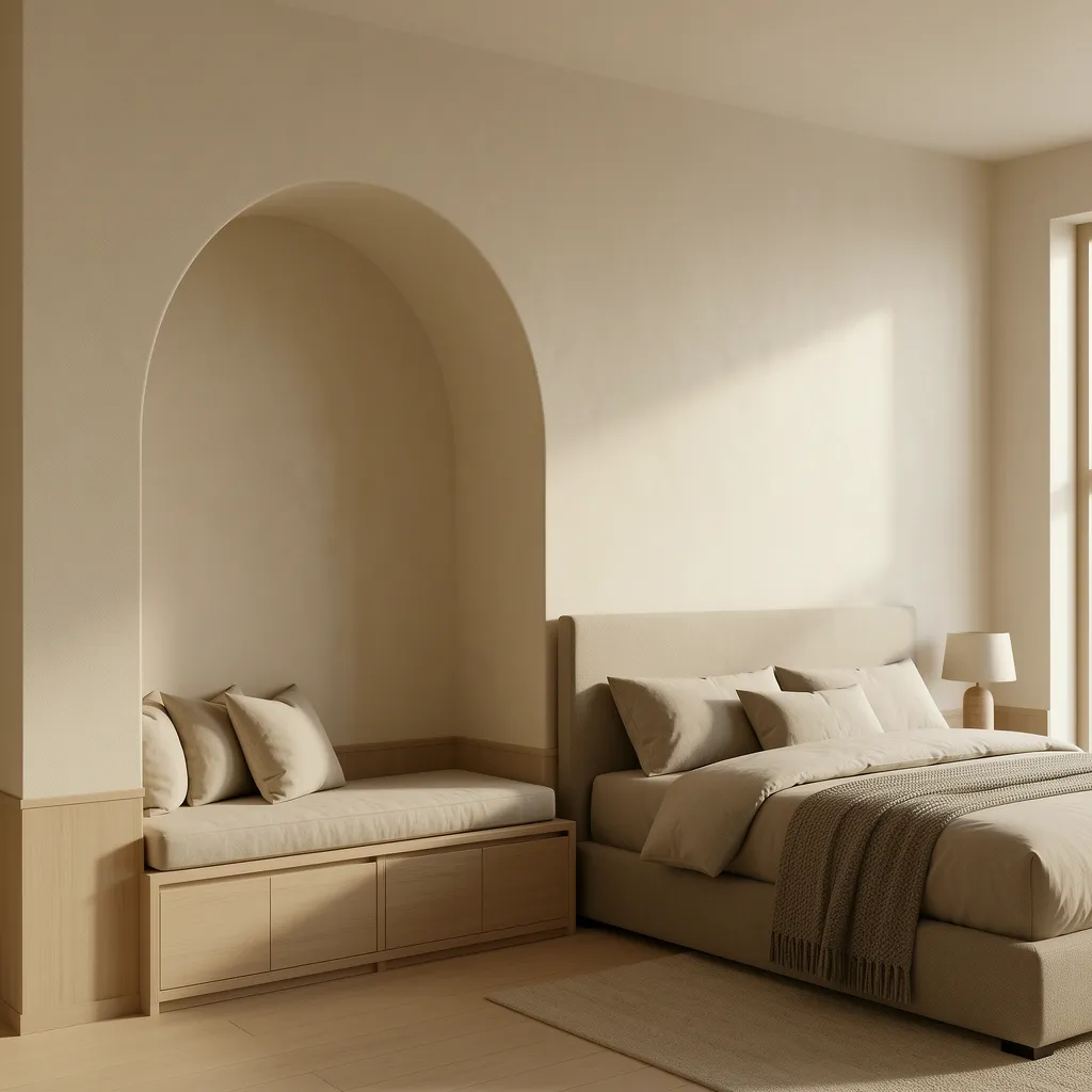 Bedroom reading nook framed by asymmetrical interior arch