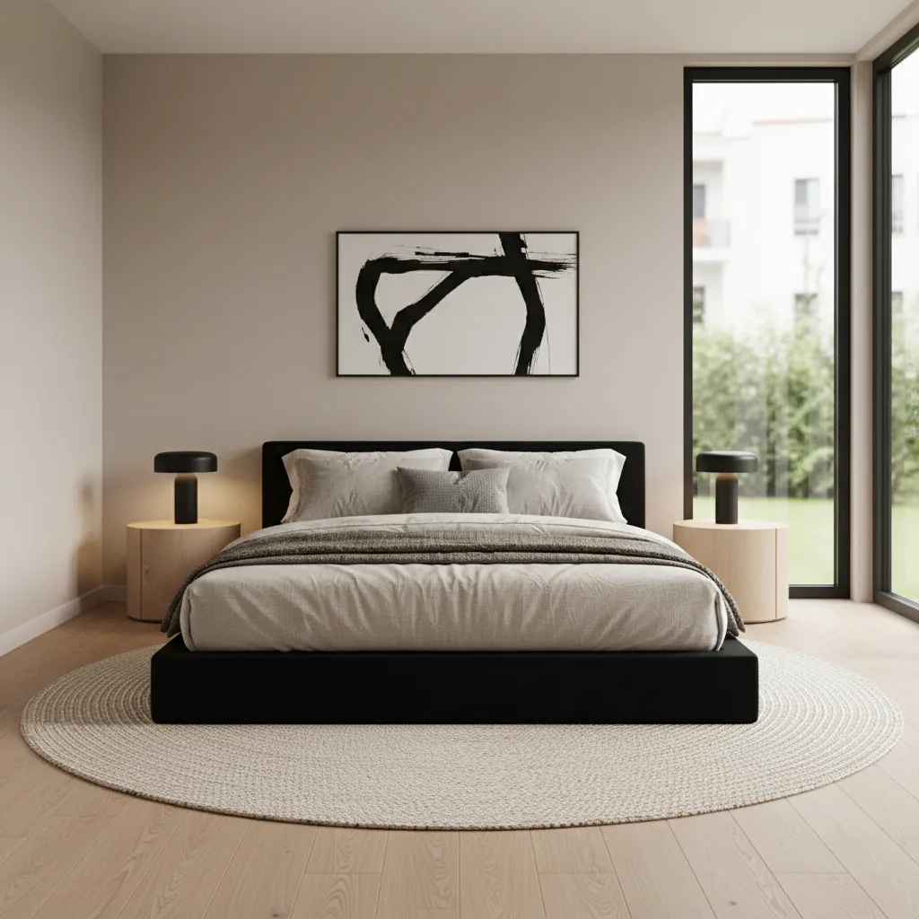 Modern bedroom with black bed frame and neutral interior palette