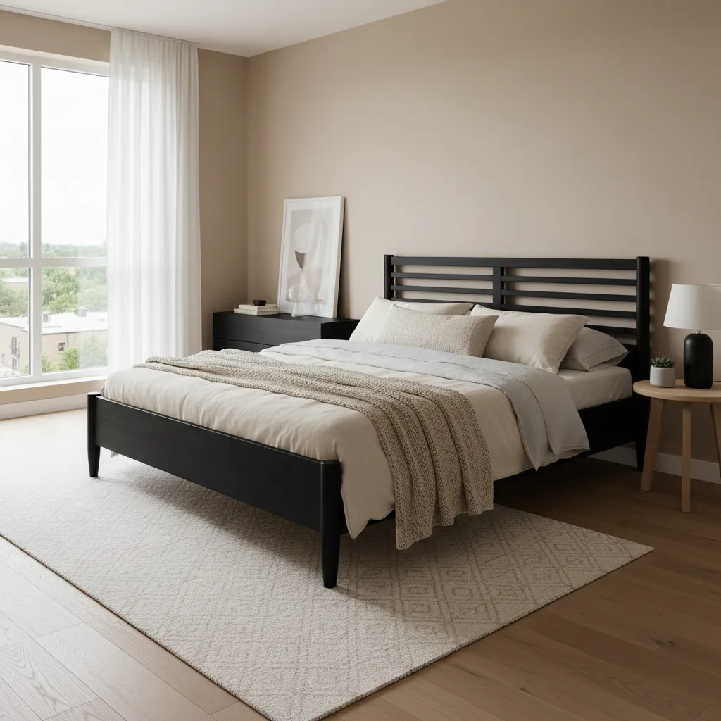 Bedroom with black bed frame and light neutral walls creating balanced contrast