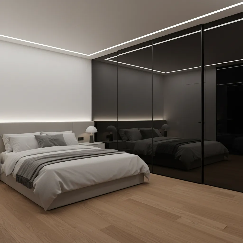 Modern bedroom with black mirror sliding closet doors