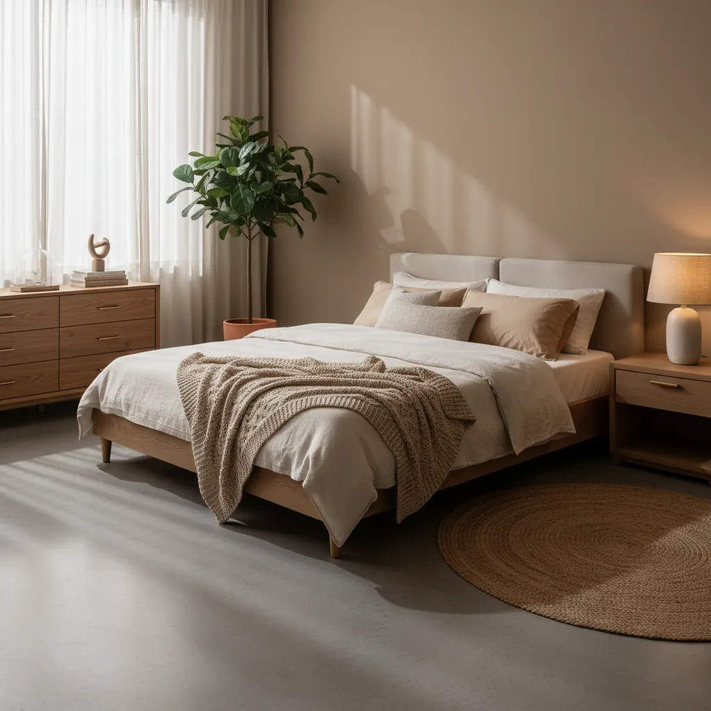 Dormitorio moderno con paleta de colores neutros y madera