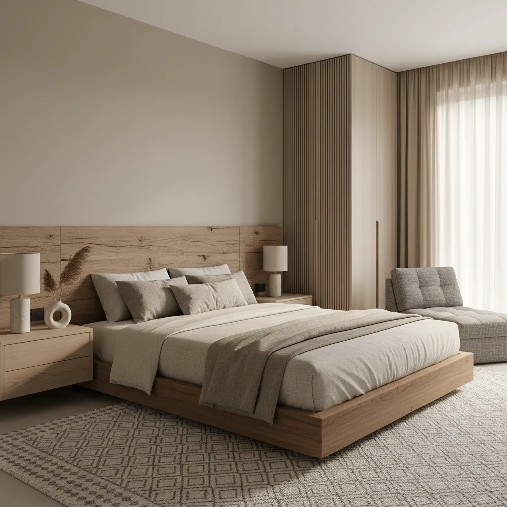Minimalist bedroom with wooden bed, beige bedding, side tables, tall wardrobe, grey sofa, and rug