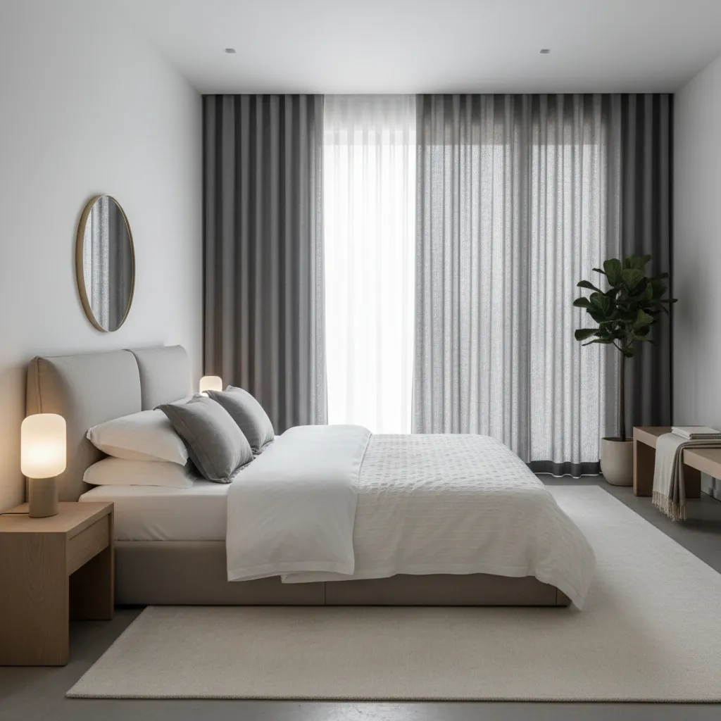 Modern bedroom with gray bed white bedding large windows and long gray curtains with plant