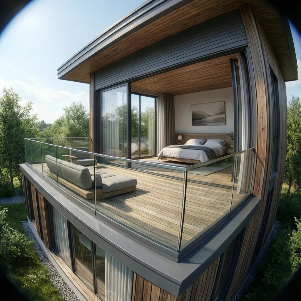 Small bedroom deck with glass railing and safe modern design