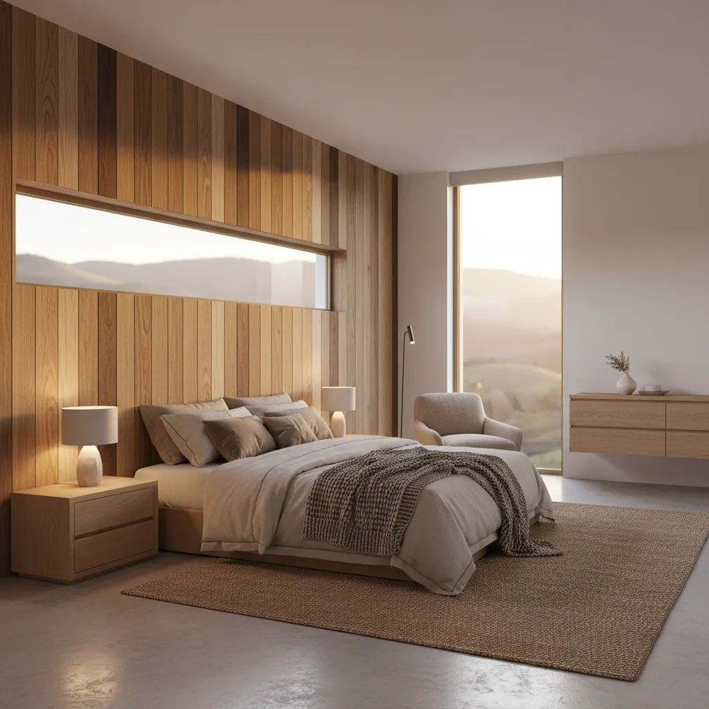 Dormitorio moderno con cabecero grande y materiales naturales