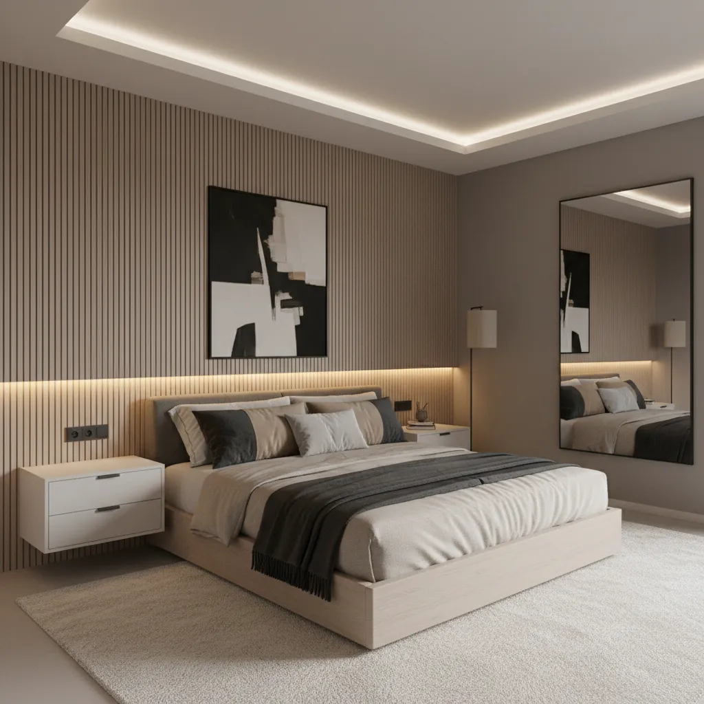 Modern bedroom with wood wall panel, black art, white side table, large mirror, and lighting