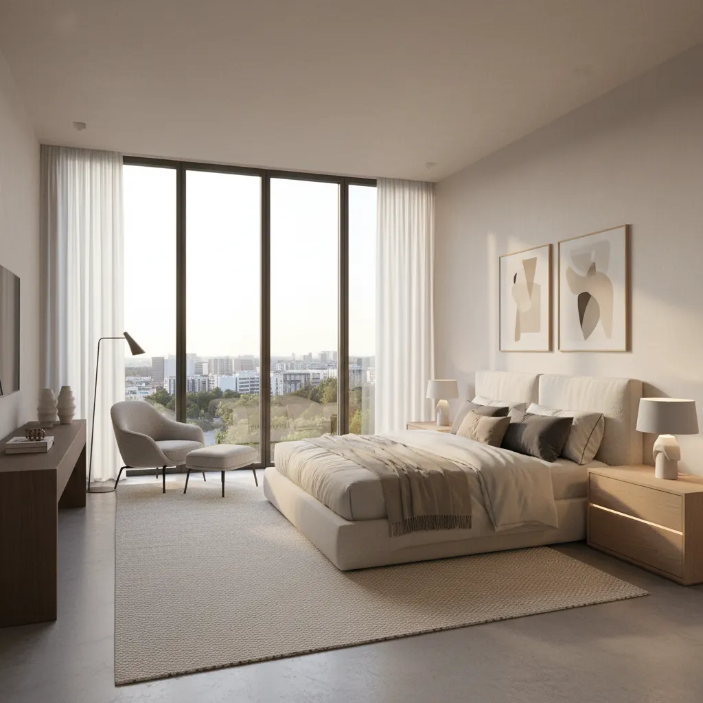 Dormitorio moderno luminoso en casa de una sola planta