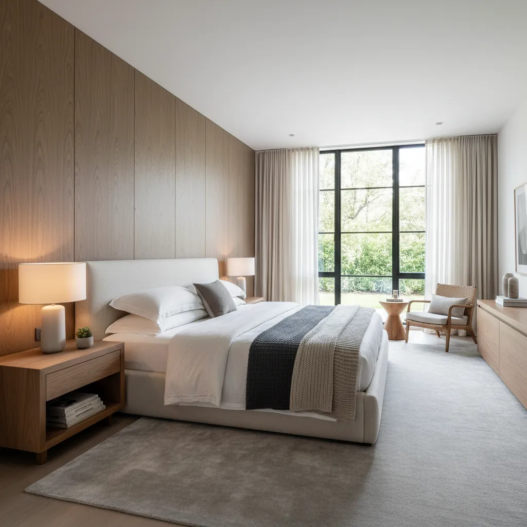 Bright bedroom with wood wall panel large windows green view grey rug and wooden table