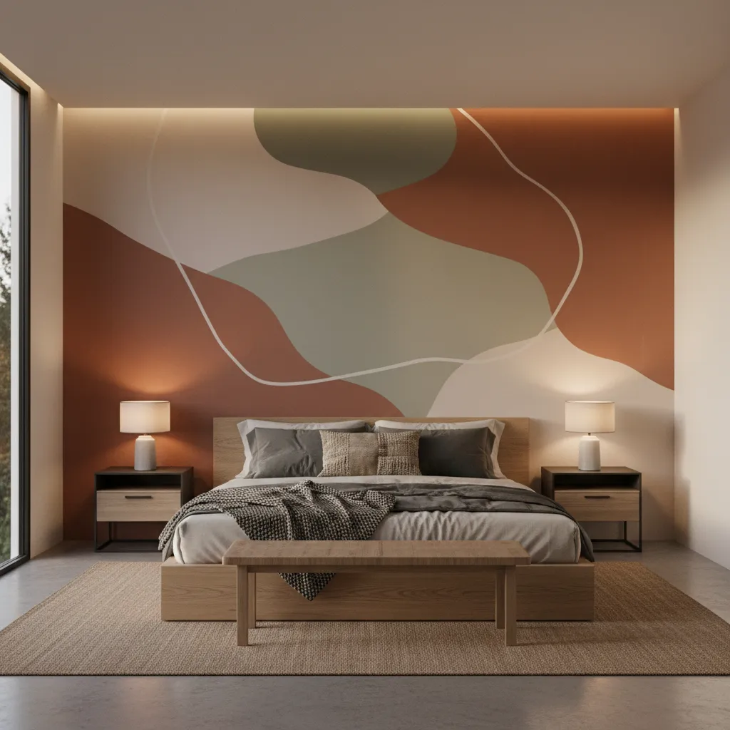 contemporary bedroom featuring large artistic wall decal behind bed