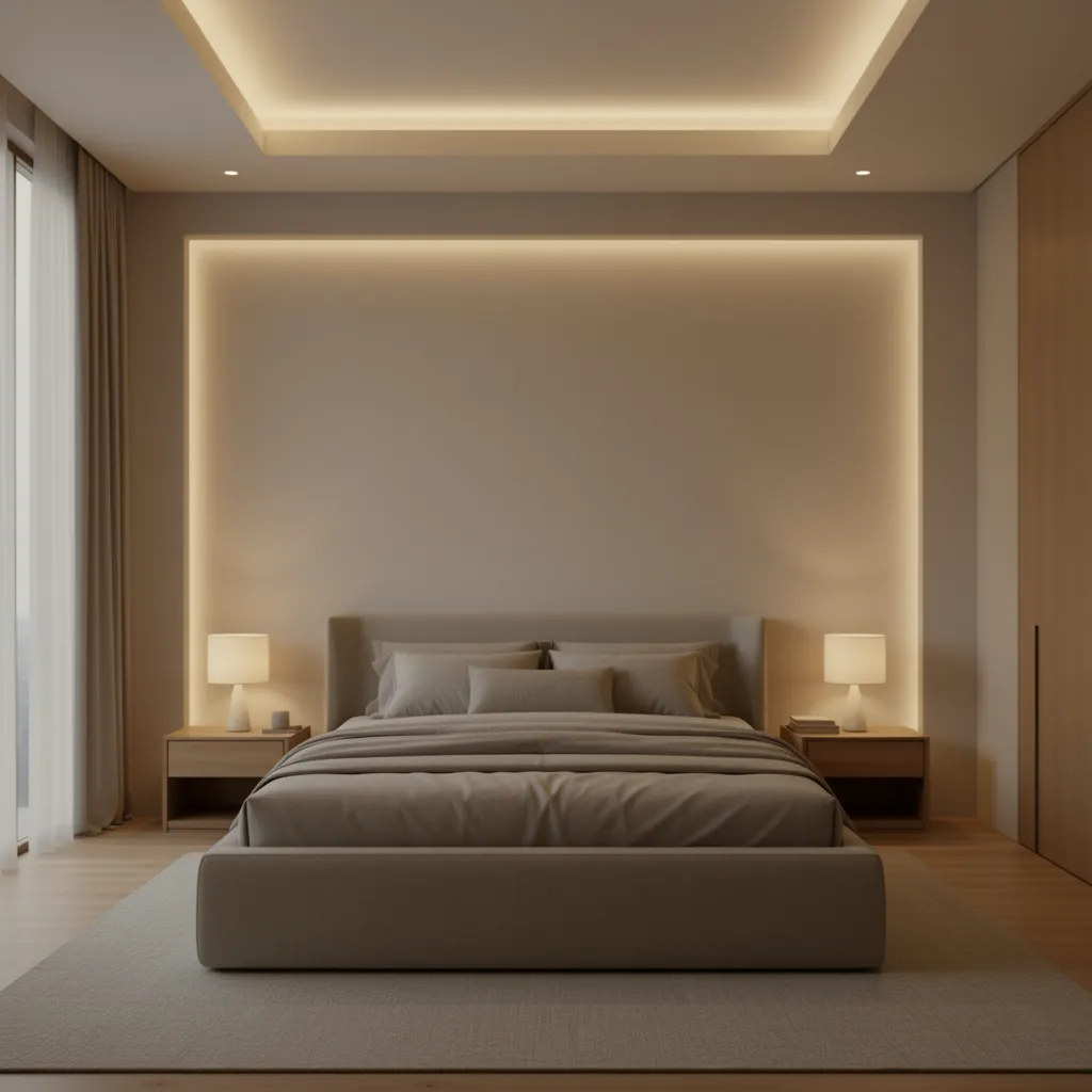 Modern bedroom showing recessed ceiling lights and bedside lamps for layered lighting