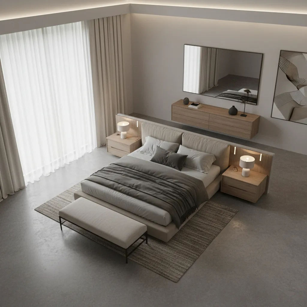 modern bedroom layout planning in a square 15x15 room
