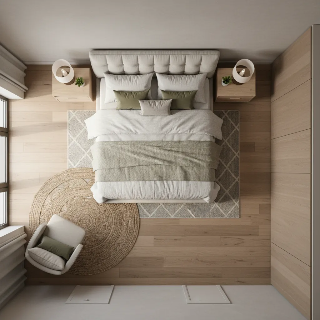 Dormitorio moderno bien distribuido con cama central y mesitas equilibradas