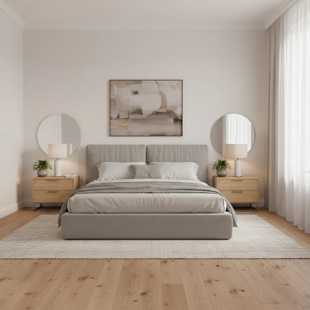Modern bedroom featuring grey bed wooden side tables round mirrors abstract wall art and warm lighting
