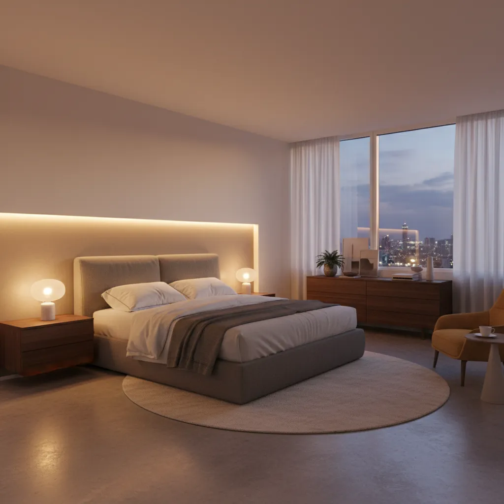 Modern bedroom with wall lights wooden nightstands globe table lamps city view and yellow chair
