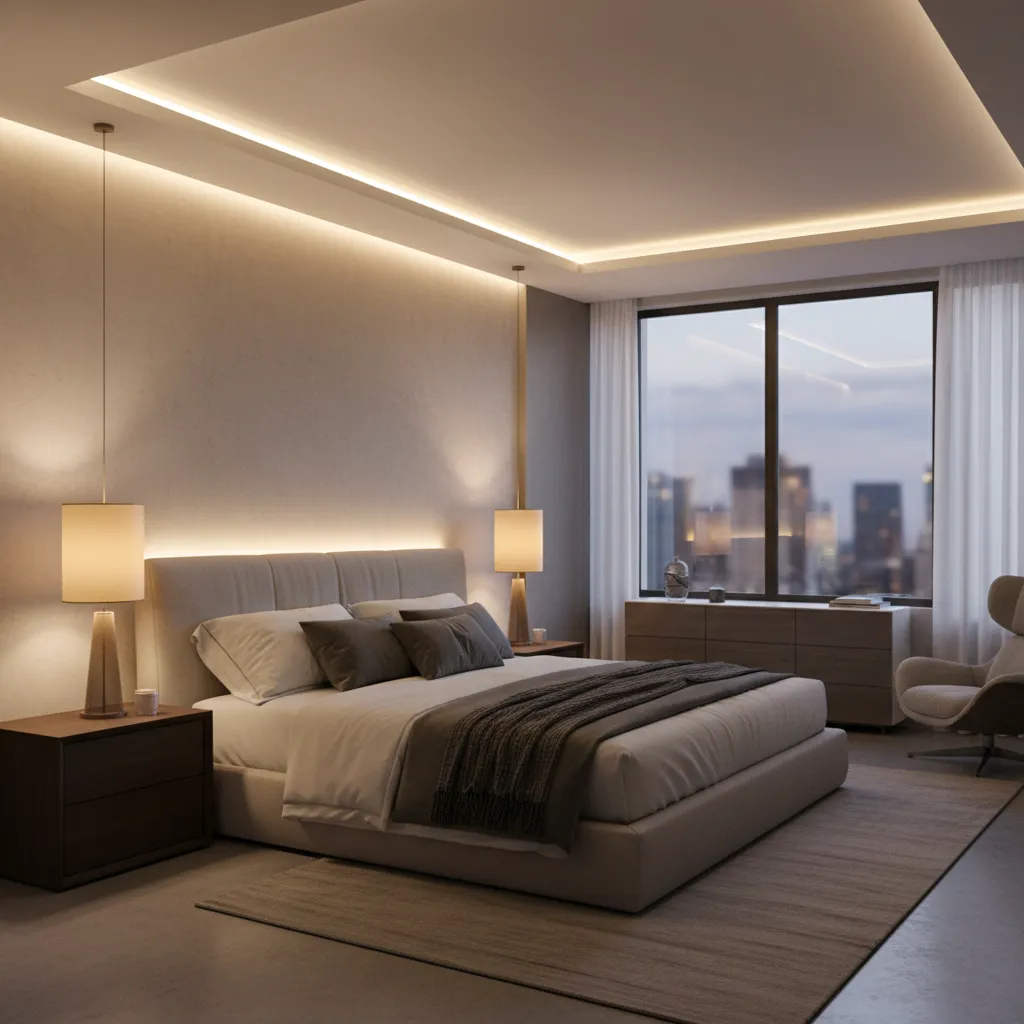 Dormitorio moderno con iluminación indirecta y lámparas de lectura