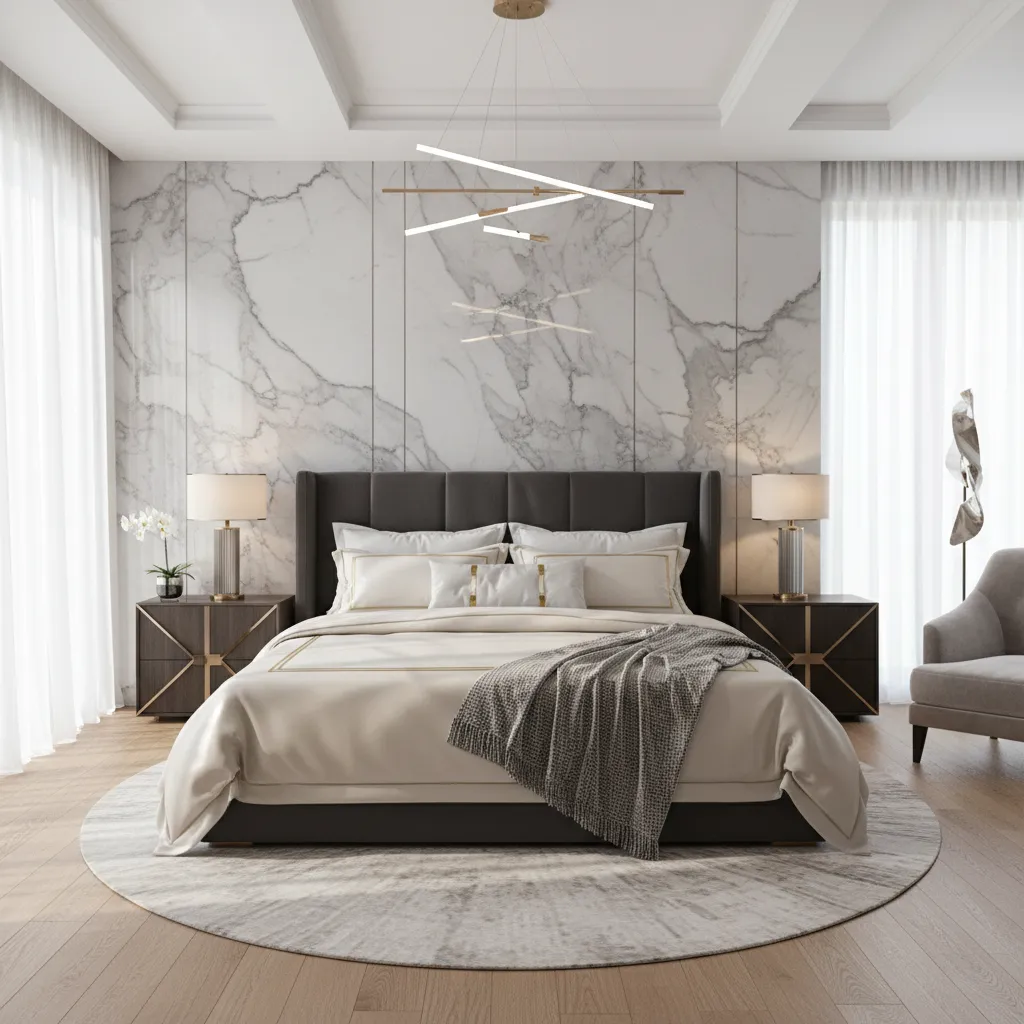 Bedroom with marble effect PVC wall panels