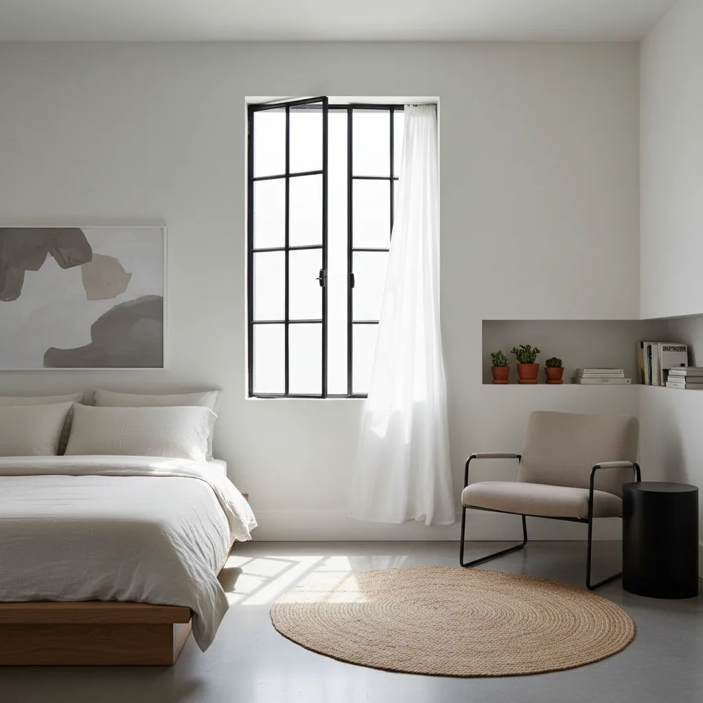 Dormitorio moderno con ventana metálica abatible