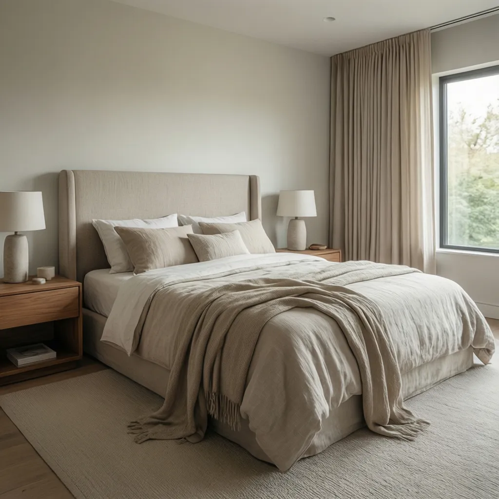 Dormitorio moderno con paleta de colores neutros y cabecero tapizado