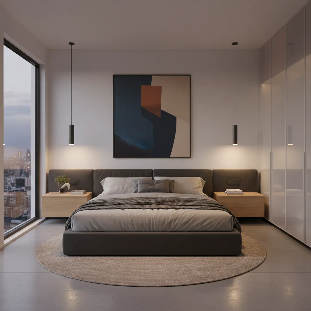 modern bedroom with pendant lights hanging beside the bed