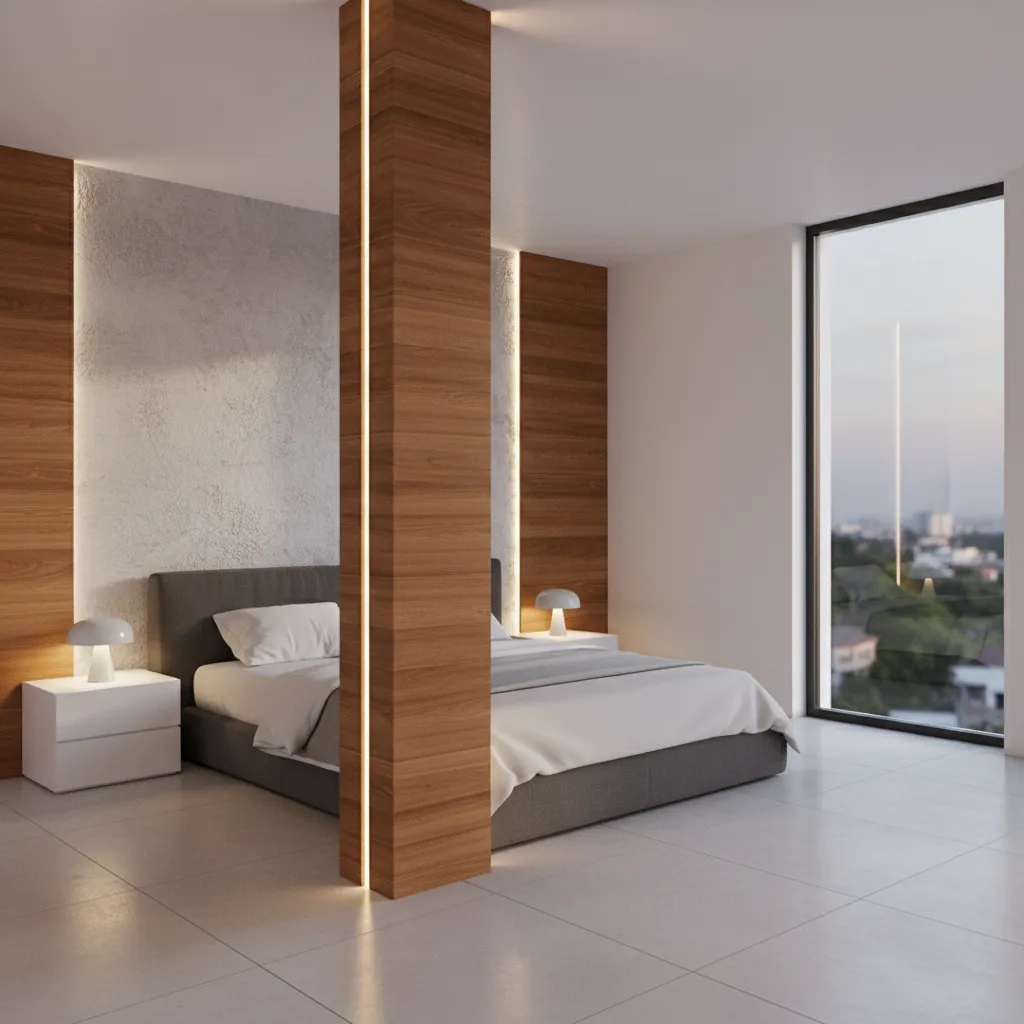 Modern bedroom with wood pillar lighting grey bed white nightstands large window and city view