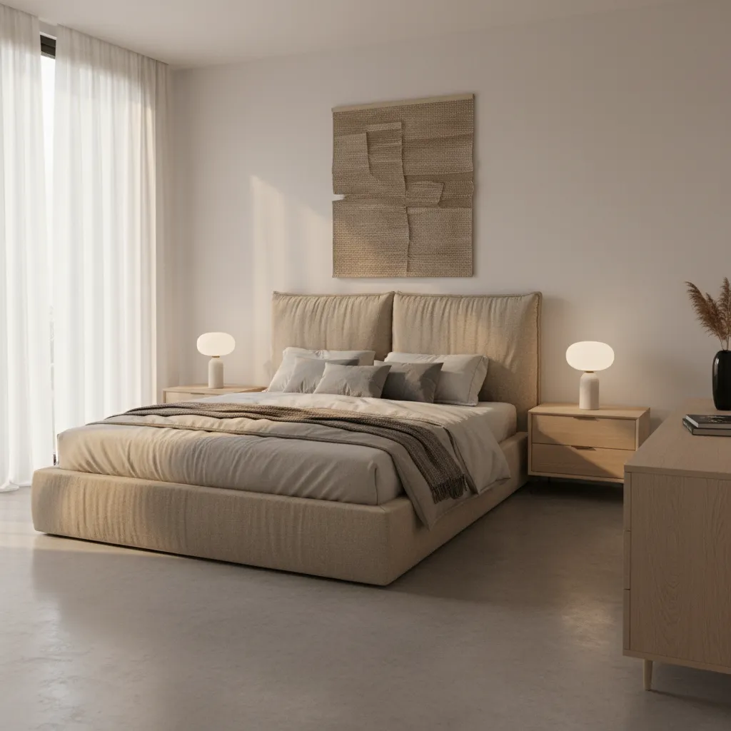 Modern bedroom with stylish platform bed and headboard