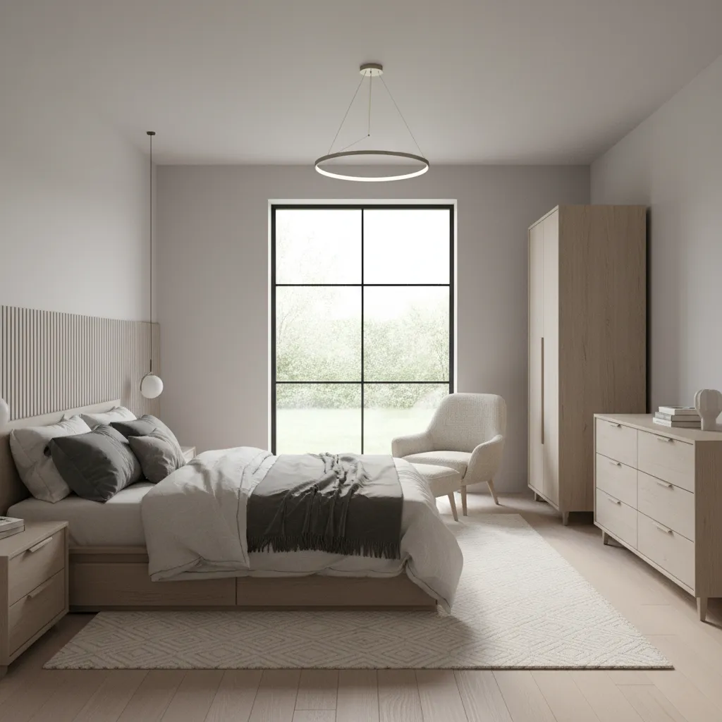 Bright bedroom with wooden bed, round ceiling light, large window, armchair, wardrobe, and storage cabinet