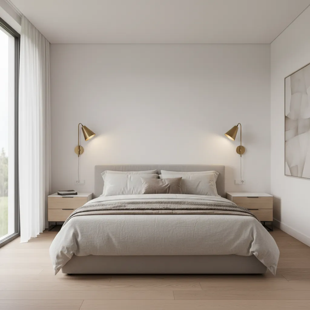 Minimalist bedroom with modern wall sconces mounted beside the bed
