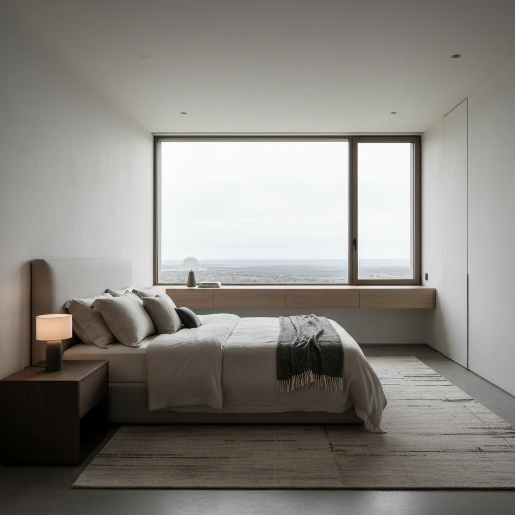 Dormitorio moderno con ventana minimalista y luz natural suave