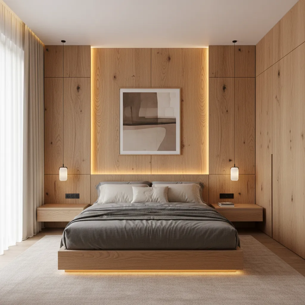 Dormitorio moderno donde la puerta de madera forma parte del diseño del espacio